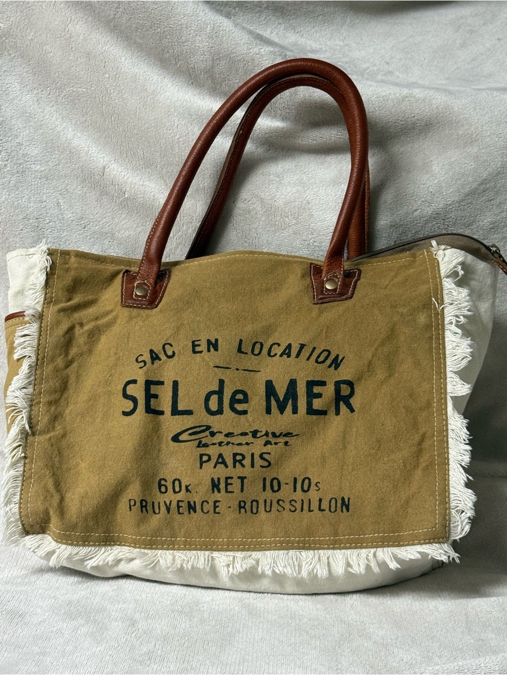 Canvas Fringe Tote Bag with Leather Handles - Tan & White